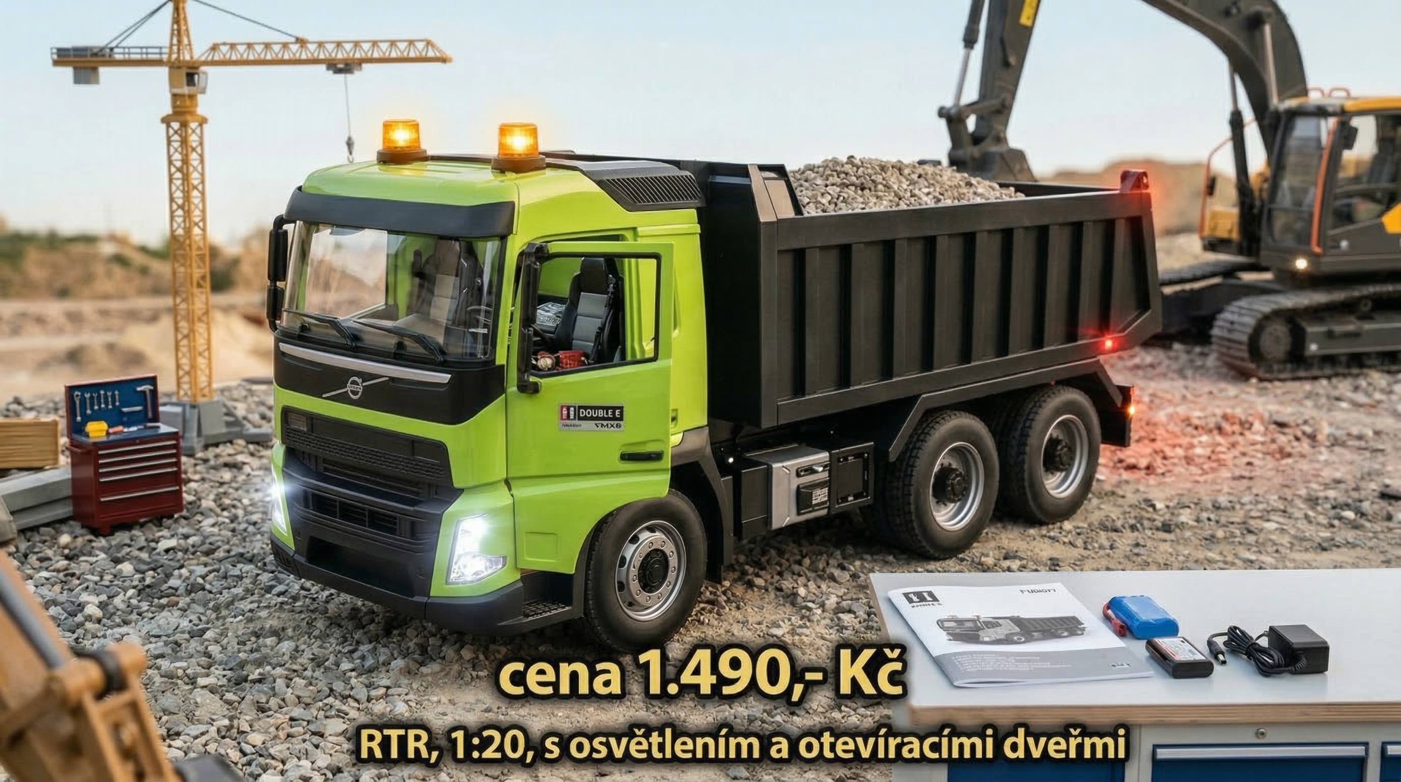 DOUBLE E, RC sklápěč Volvo, RTR, zelená, 1:20, s osvětlením a otevíracími dveřmi 2,4 GHz (E505003)