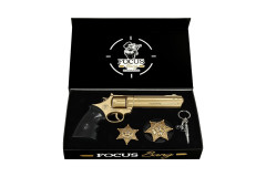 Kovový revolver zlatý - krásná dárková sada